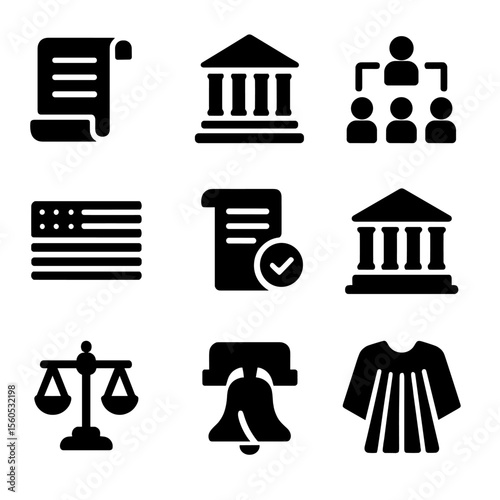 Constitutional Law Icons. Solid, filled icon set of constitutional law cases: constitution scroll, federal building, separation of