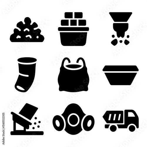 Construction Waste Icons. Solid, filled icon set of construction waste disposal: rubble pile, brick bin, concrete crusher, debris