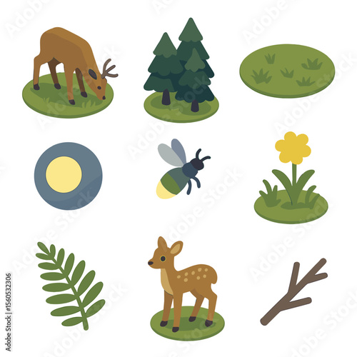 Deer in Twilight Forest. Isometric Flat icon set of deer feeding in a forest clearing at twilight: deer, forest trees, clearing