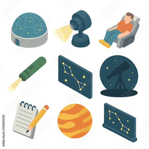 Planetarium Icon Set. Isometric Flat icon set of planetarium stargazing audience: domed ceiling, star projection beam, reclining