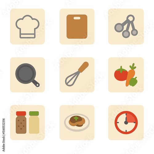 Cooking Icons Grid. Flat icon set of recipe book pages: chef hat, chopping board, measuring spoons, skillet, whisk, vegetable