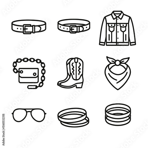 Denim Accessories Icons. Outline icon set of Denim Accessories: leather belt, studded belt, denim jacket, denim cap, chain wallet,