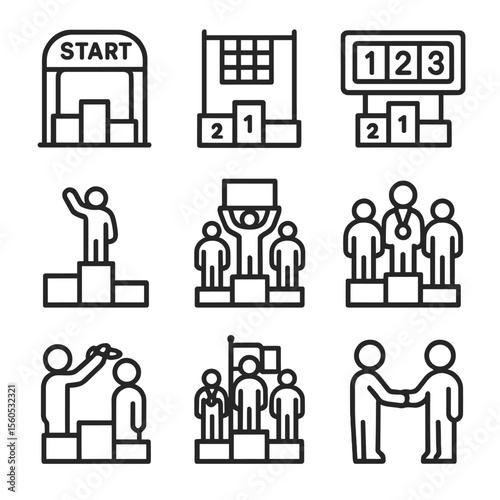 Podium Icons Collection. Outline icon set of podium presentations: starting line, finish line, score board, victory lane, photo op