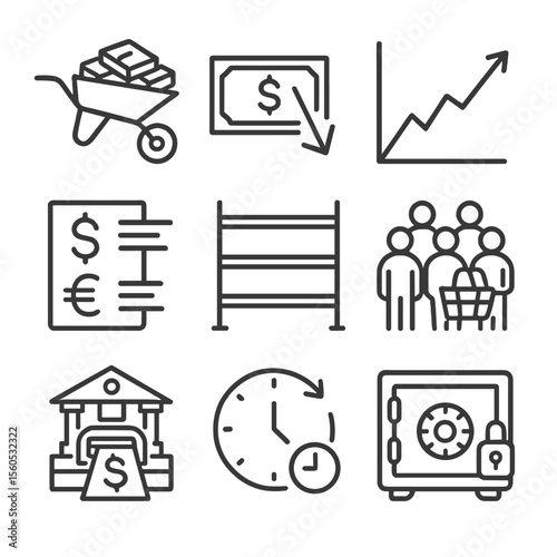 Hyperinflation Icon Set. Outline icon set of hyperinflation scenario: wheelbarrow of cash, devalued banknote, soaring graph,