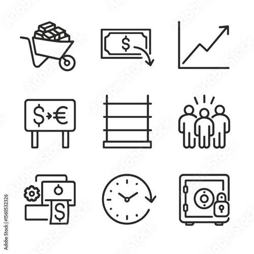 Hyperinflation Icon Set. Outline icon set of hyperinflation scenario: wheelbarrow of cash, devalued banknote, soaring graph,