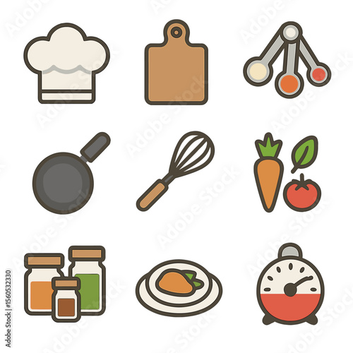 Cooking Icons Grid. Flat icon set of recipe book pages: chef hat, chopping board, measuring spoons, skillet, whisk, vegetable
