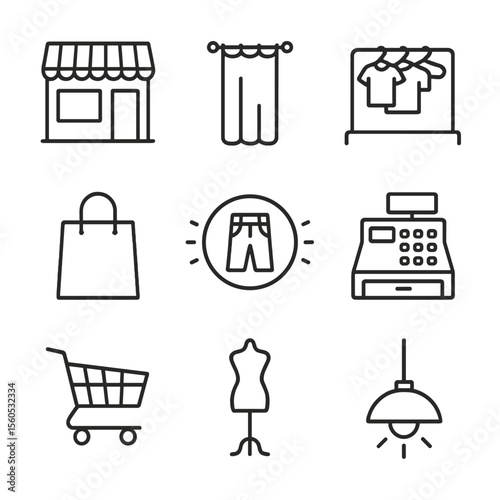 Denim Boutique Icons. Outline icon set of Denim Boutique Elements: store front facade, fitting room curtain, sale rack, neon sign,