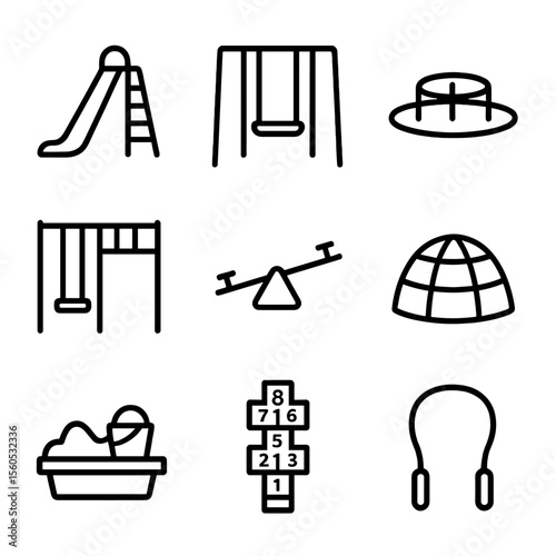 Playground Icons Set. Outline icon set of kids playground games: slide ladder, swing set, merry-go-round, monkey bars, see-saw,