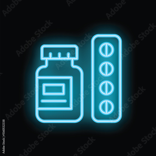 Neon sign showing medicine bottle and blister pack glowing blue against a black background