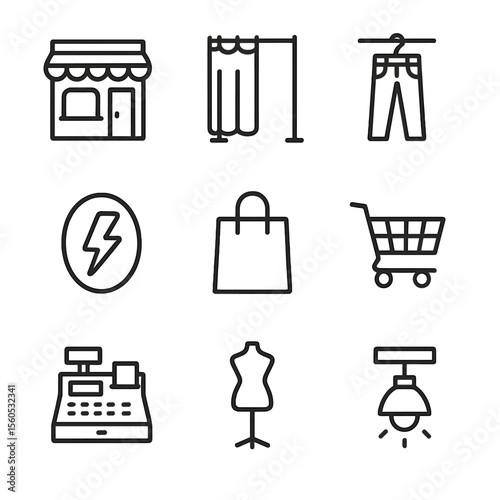 Denim Boutique Icons. Outline icon set of Denim Boutique Elements: store front facade, fitting room curtain, sale rack, neon sign,