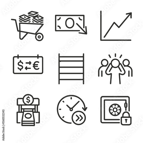 Hyperinflation Icon Set. Outline icon set of hyperinflation scenario: wheelbarrow of cash, devalued banknote, soaring graph,