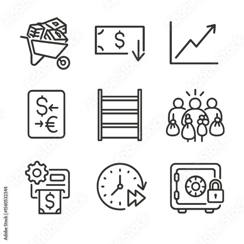 Hyperinflation Icon Set. Outline icon set of hyperinflation scenario: wheelbarrow of cash, devalued banknote, soaring graph,