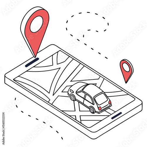 Isometric view of a car on a smartphone screen displaying a map with location pins and dotted path lines