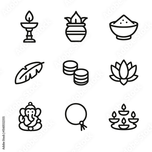Indian Festive Icon Set. Outline icon set of Indian festive traditions: diya on stand, coconut offering, turmeric bowl, banana