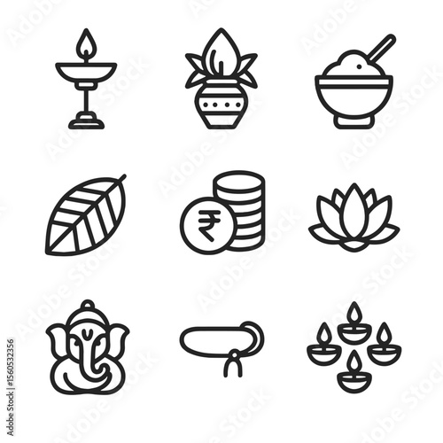 Indian Festive Icon Set. Outline icon set of Indian festive traditions: diya on stand, coconut offering, turmeric bowl, banana