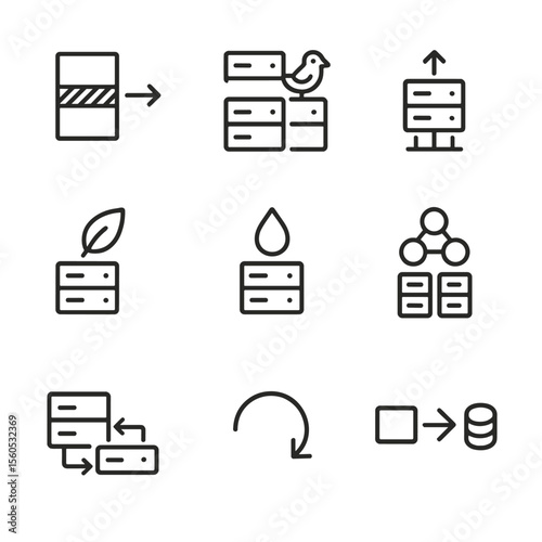 Deployment Strategy Icons. Outline icon set of deployment strategies: blue-green deployment, canary release, rolling update, green