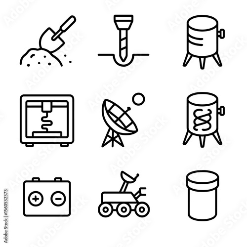 In-Situ Resource Icons. Outline icon set of in-situ resource utilization: regolith scoop, water ice drill, oxygen extractor, metal