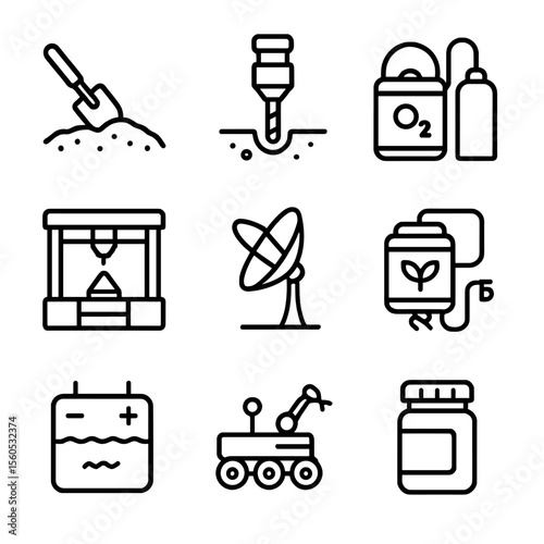 In-Situ Resource Icons. Outline icon set of in-situ resource utilization: regolith scoop, water ice drill, oxygen extractor, metal