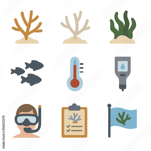 Coral Reef Icons. Flat icon set of coral reef health: healthy coral branch, bleached coral, algae overgrowth, fish school, water