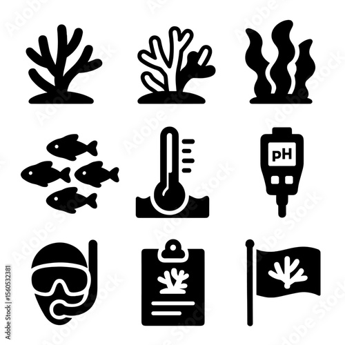 Coral Reef Icons. Solid, Filled icon set of coral reef health: healthy coral branch, bleached coral, algae overgrowth, fish school