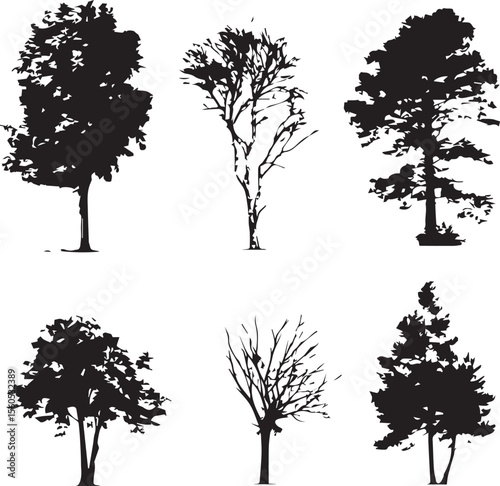 Big set of tree silhouette vector black trees