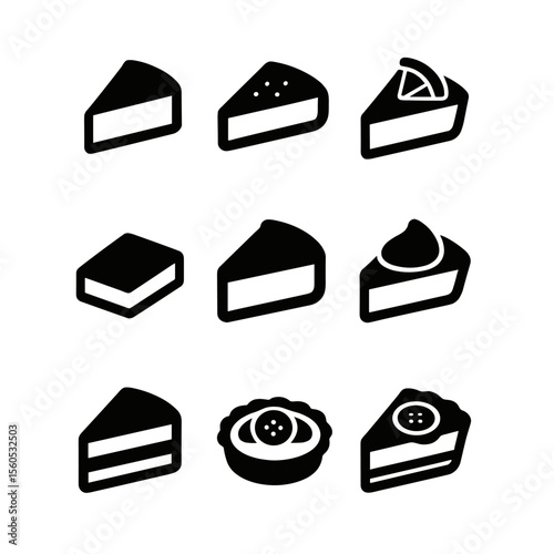 Dessert Slice Icons. Solid, filled icon set of dessert slices: cheesecake slice, chocolate tart slice, key lime tart, lemon bar