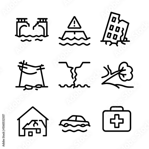 Infrastructure and Emergency Icons. Outline icon set of infrastructure damage assessment: broken bridge, flooded road, collapsed
