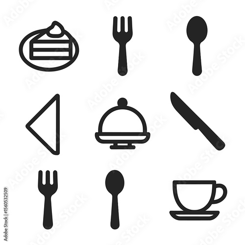 Dessert Icon Set. Solid, filled icon set of dessert plating and serving: dessert plate, fork, spoon, napkin, serving tray, cake