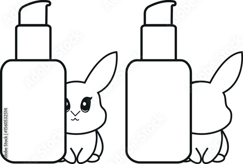 set of two simple black and white checkmark icons with a bottle with a dispenser and rabbits next to it, meaning that cosmetic products are not tested on animals