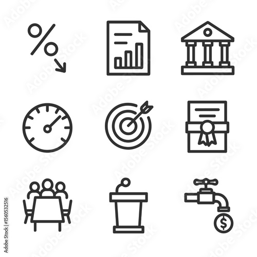 Inflation Control Icons. Outline icon set of inflation control tools: interest rate icon, policy report, central bank building,