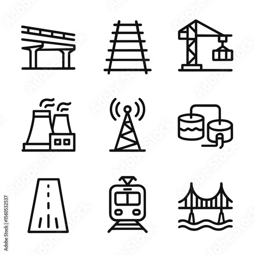 Infrastructure Icons Set. Outline icon set of infrastructure development: highway overpass, rail network, port crane, power plant,