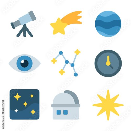 Cosmic Icon Set. Flat icon set of cosmic night watch: telescope, shooting star, planet icon, open eye, constellation lines,