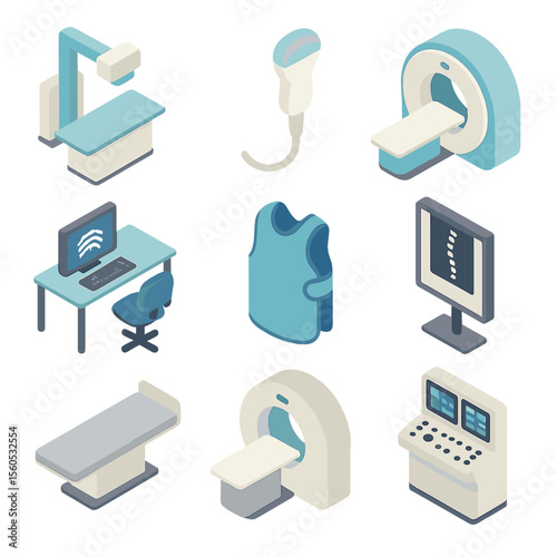 Diagnostic Imaging Icons. Isometric Flat icon set of diagnostic imaging department: X-ray machine, ultrasound probe, MRI scanner,