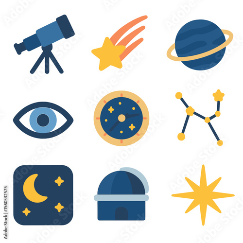 Cosmic Icon Set. Flat icon set of cosmic night watch: telescope, shooting star, planet icon, open eye, constellation lines,