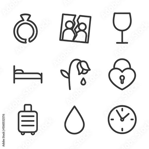 Post-Breakup Icon Set. Outline icon set of post-breakup solitude: broken ring, torn photograph, empty wine glass, solitary hotel