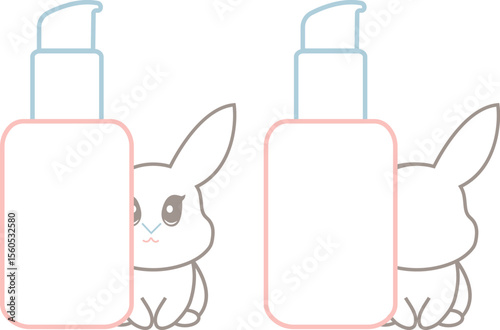 set of two simple colored checkmarks with a bottle with a dispenser and rabbits next to it, meaning that cosmetic products are not tested on animals