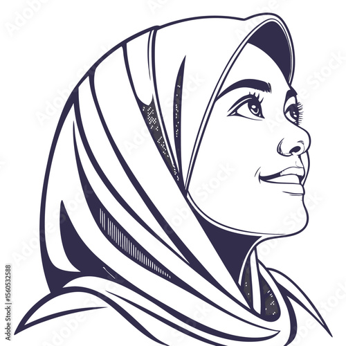 Illustration of a woman wearing a hijab looking upwards with detailed line work and shading elements present