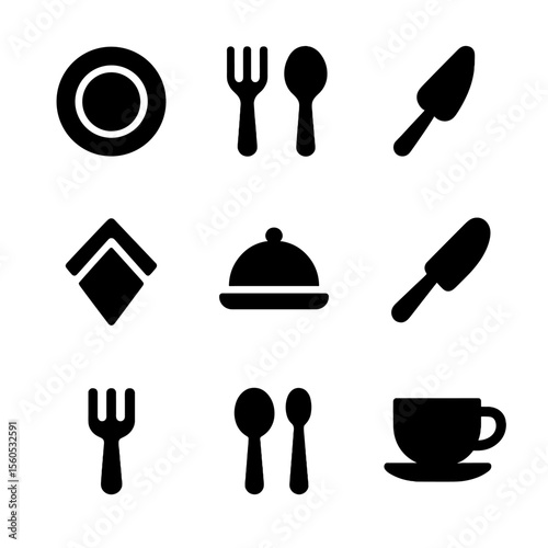 Dessert Icon Set. Solid, filled icon set of dessert plating and serving: dessert plate, fork, spoon, napkin, serving tray, cake