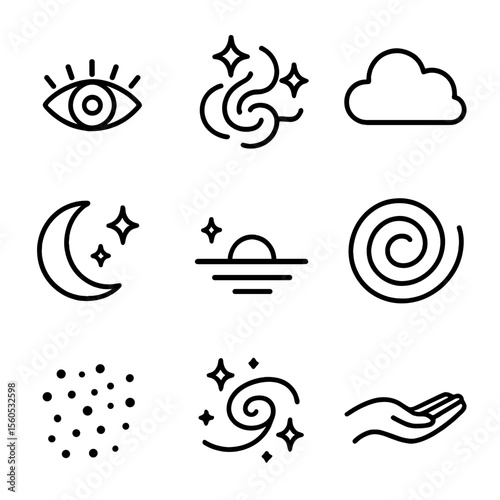 Cosmic Dream Icons. Outline icon set of dreamlike stare: floating eye, swirling stars, cloud form, crescent moon, distant horizon,