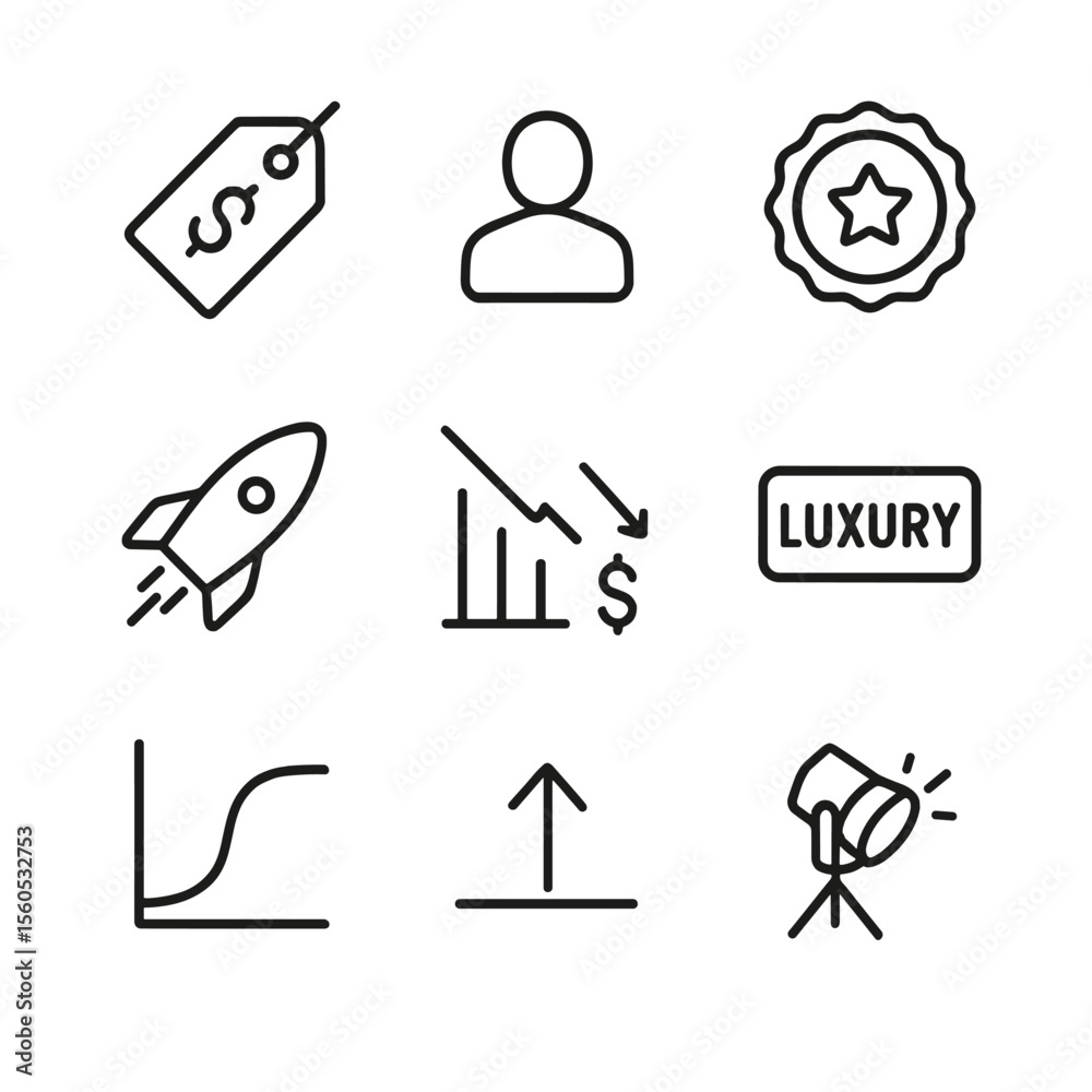 Obraz premium Price Skimming Icons. Outline icon set of Price Skimming Strategy: high price tag, early adopter silhouette, premium badge,