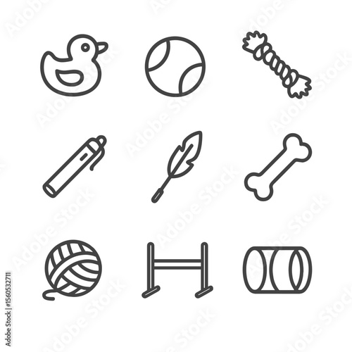 Interactive Play Icons. Outline icon set of interactive play sessions: squeaky toy, ball, tug rope, laser pointer, feather wand,