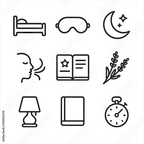 Pre-Sleep Mindfulness Icons. Outline icon set of pre-sleep mindfulness routine: bed silhouette, sleep mask, moon and stars, gentle