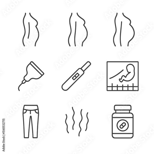 Pregnancy Icon Collection. Outline icon set of pregnancy belly growth stages: small bump silhouette, moderate bump silhouette,