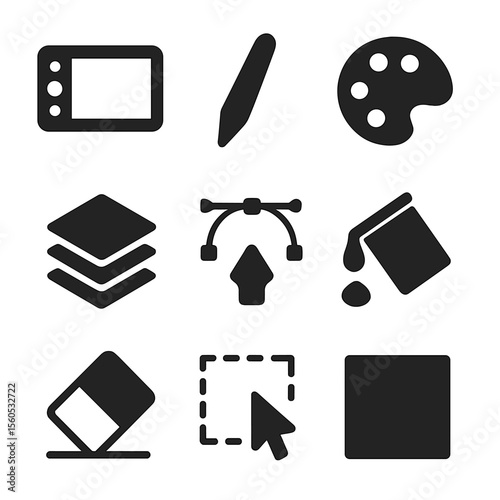 Digital Art Icons. Solid, filled icon set of digital illustration tools: drawing tablet, stylus pen, color palette, layers icon,