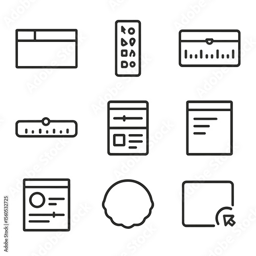 Digital Art Icons Set. Outline icon set of digital art software interface elements: menu bar, toolbar icons, status bar, timeline