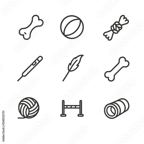 Interactive Play Icons. Outline icon set of interactive play sessions: squeaky toy, ball, tug rope, laser pointer, feather wand,