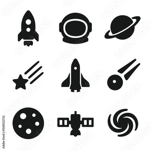 Cosmic Icon Grid. Solid, Filled icon set of cosmic and spaceflight imagination: rocket ship, astronaut helmet, planet orbit, star