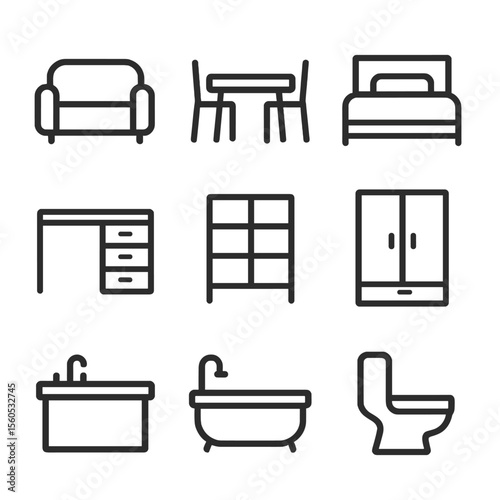 Interior Outline Icons. Outline icon set of interior furnishing symbols: sofa, dining table, bed, desk, bookshelf, wardrobe,