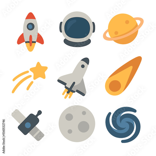 Cosmic Icon Grid. Flat icon set of cosmic and spaceflight imagination: rocket ship, astronaut helmet, planet orbit, star trail,