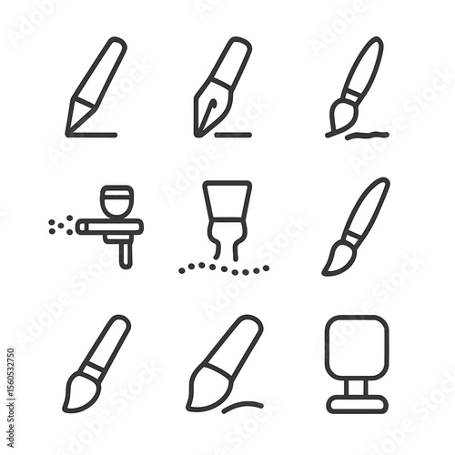 Digital Brush Icons. Outline icon set of digital brush types: pencil brush, ink pen brush, watercolor brush, airbrush, textured